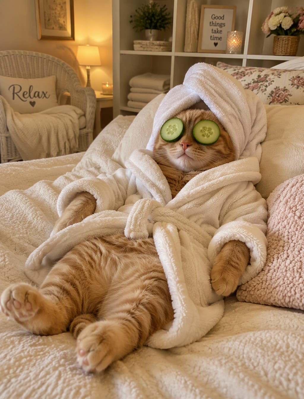 A sweet, contented cat lounges on a plush bed, wrapped in...