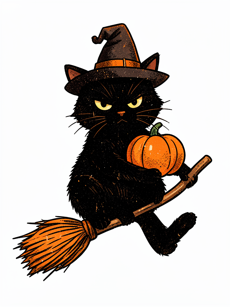 A grumpy black cat wearing a tiny witch hat, holding a sm...