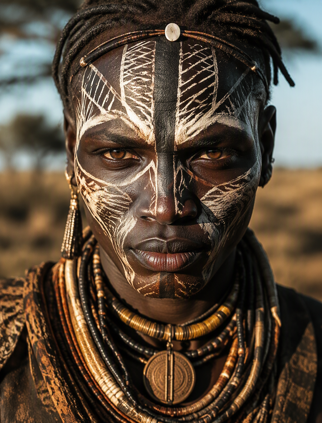war paint of ancient African karo tribe in Ethiopia, face...