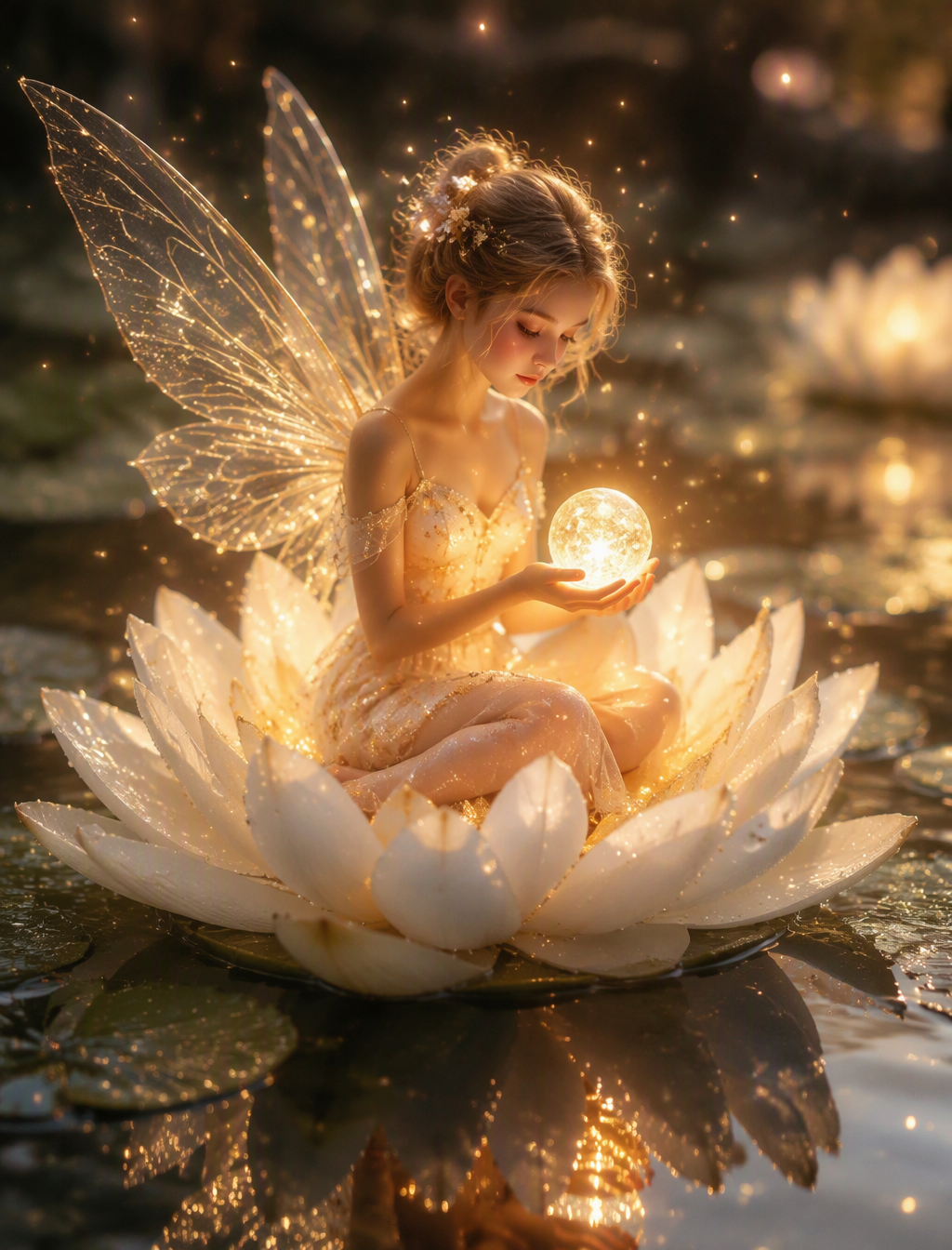 In this softly lit photograph, a delicate fairy with shim...