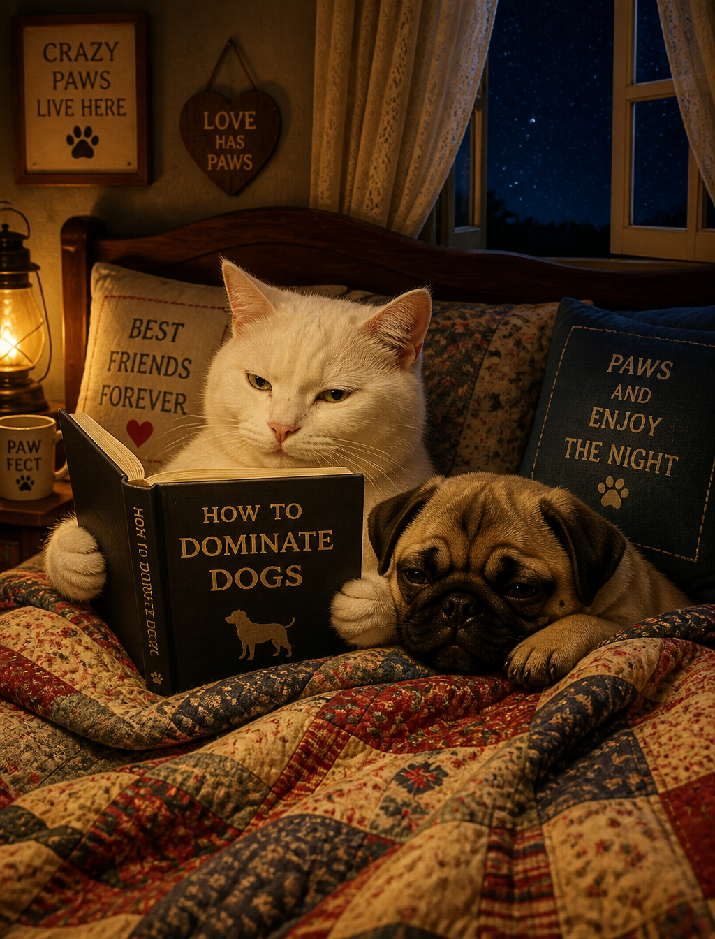 A warm, humorous photo of a white cat and a pug puppy snu...