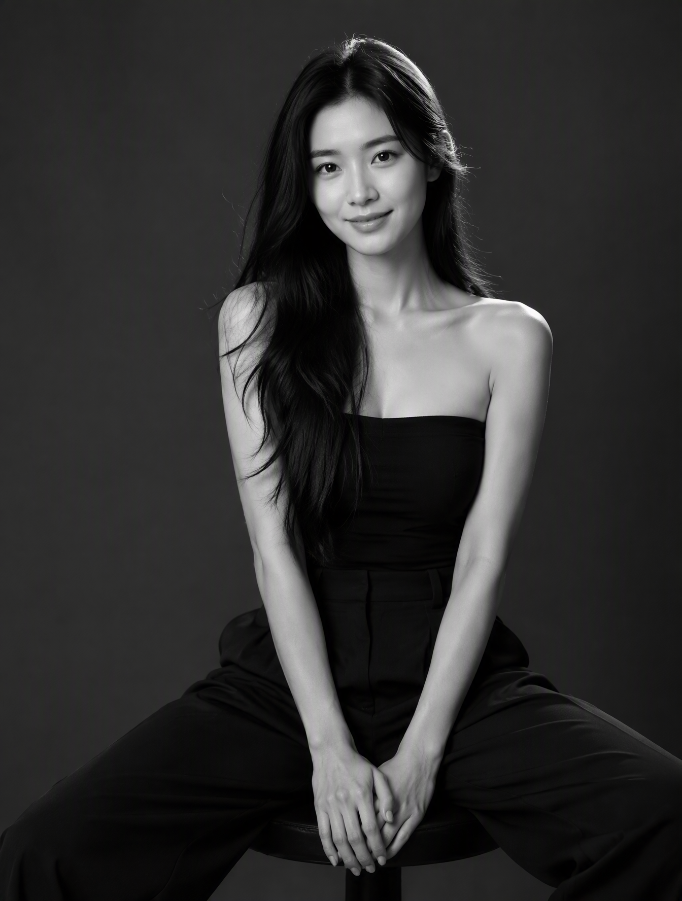 经典黑白摄影棚女性肖像。一位明确22–26岁的年轻东亚女性坐在黑色圆形摄影凳上,约四分之三身构图,从头顶拍至大腿及...