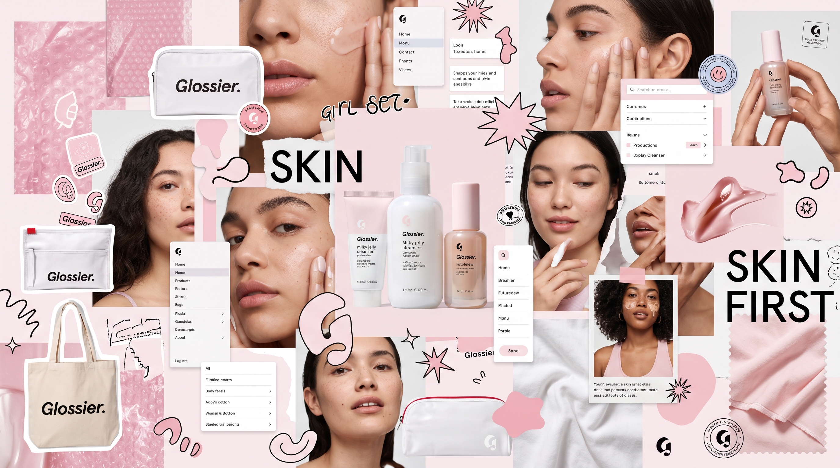 Editorial moodboard collage for Glossier brand identity, ...