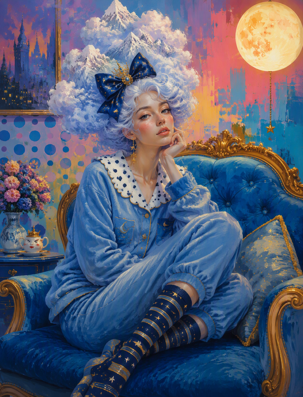A dreamy, surreal digital illustration of a young royal w...