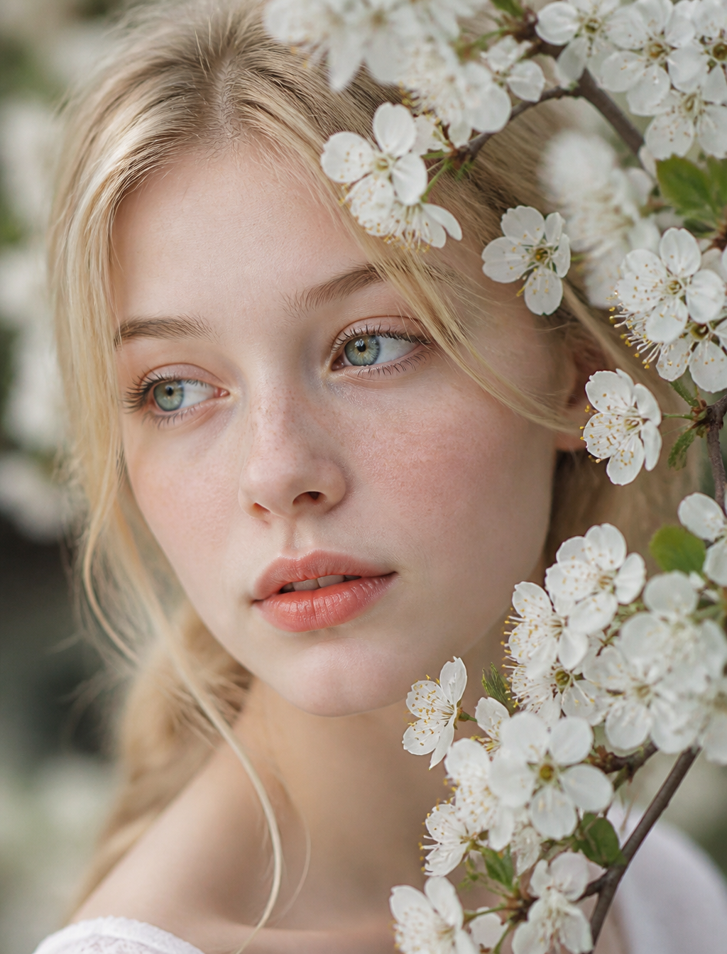 A close-up shot of a young, pretty teen woman with pale s...