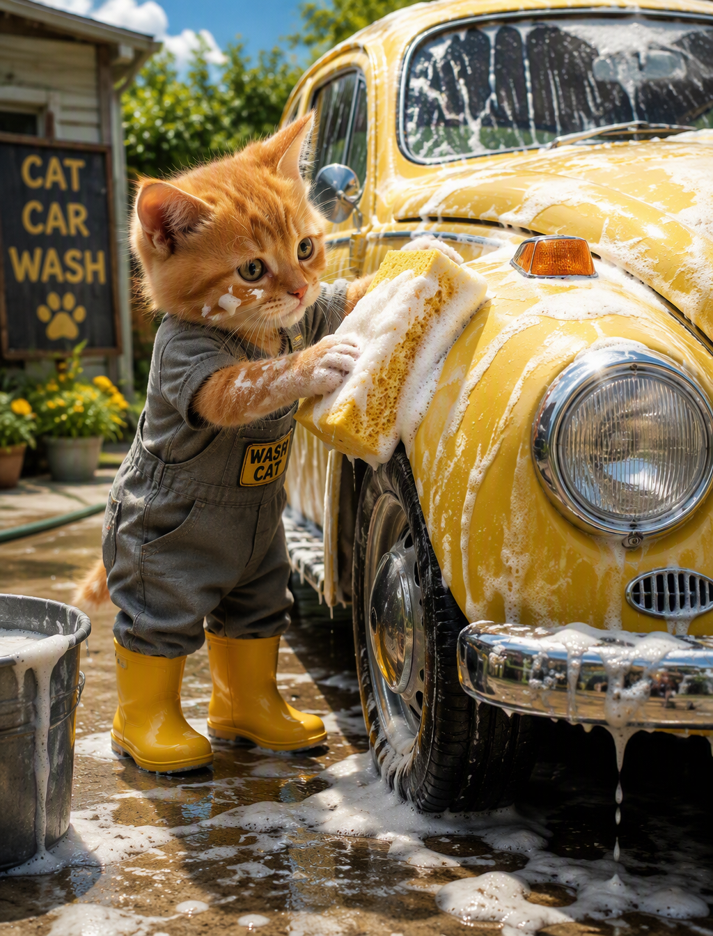 The picture shows a baby kitten with red hair cleaning an...