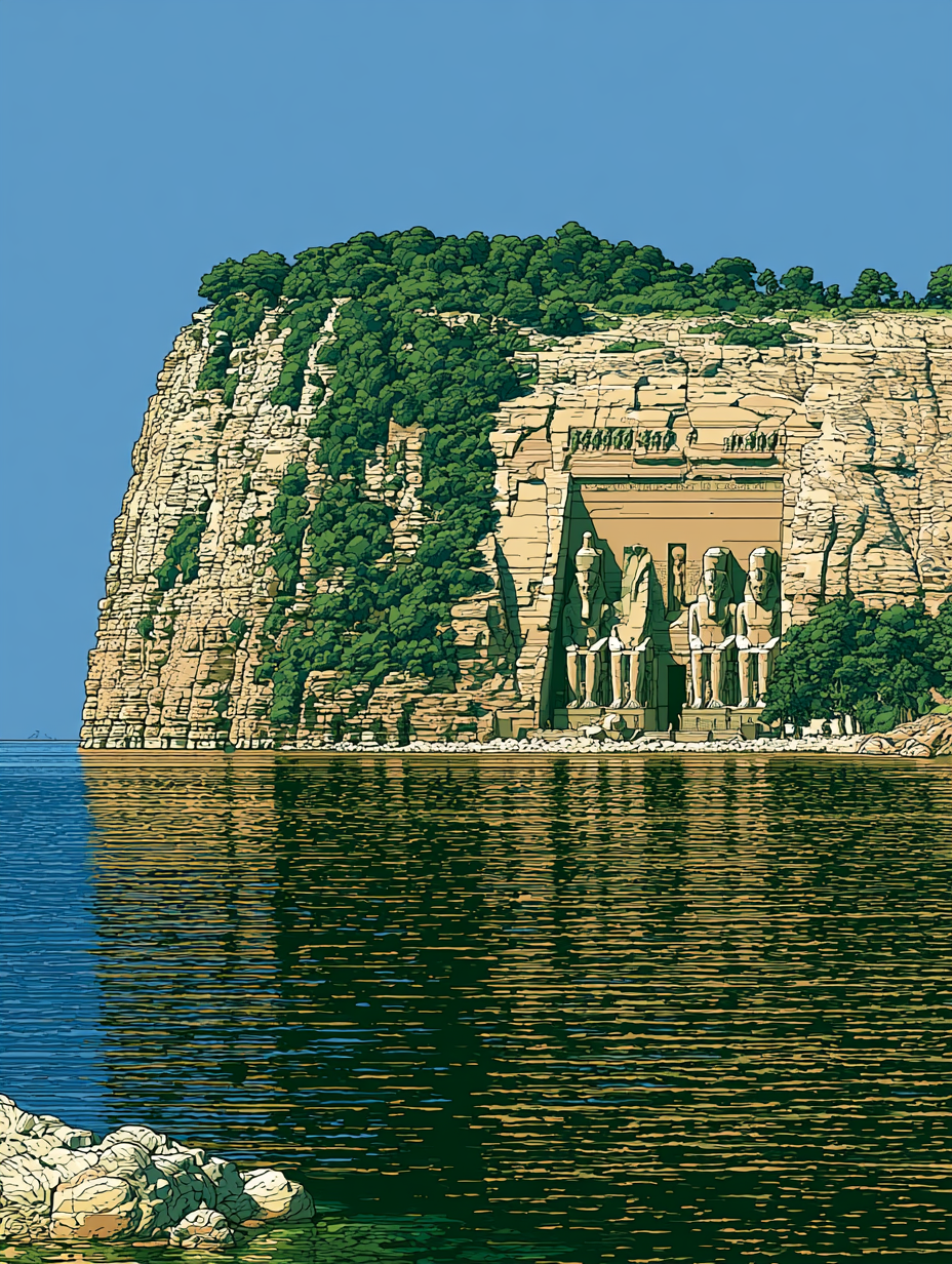 An illustration of the Abu Simbel monument, on the shores...