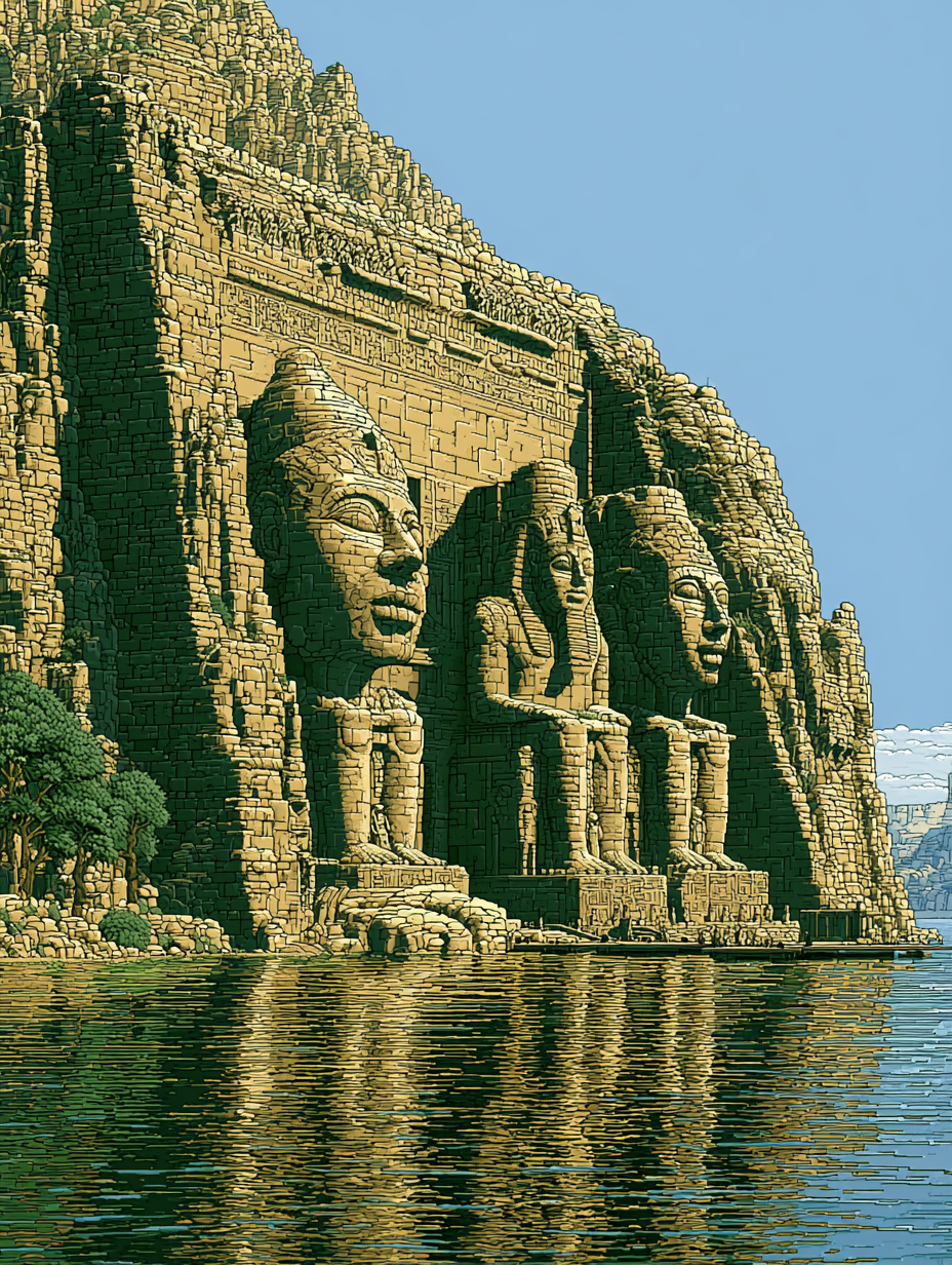 An illustration of the Abu Simbel monument, on the shores... - alternate