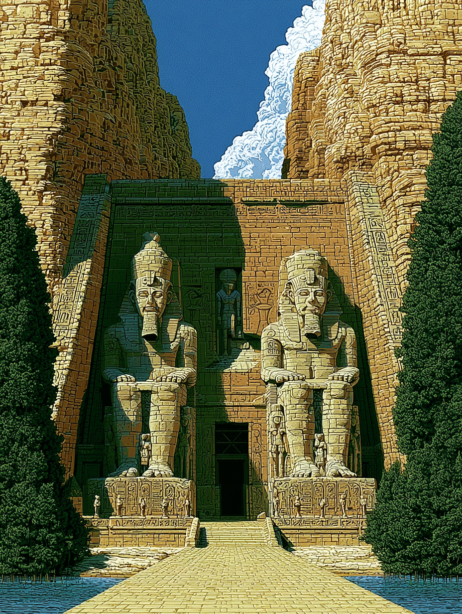 An illustration of the Abu Simbel monument, on the shores... - alternate
