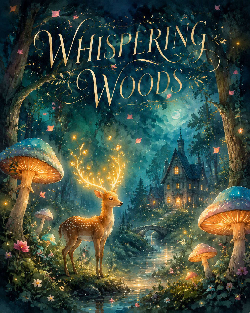 A dreamy enchanted forest illustrated in soft luminous wa...