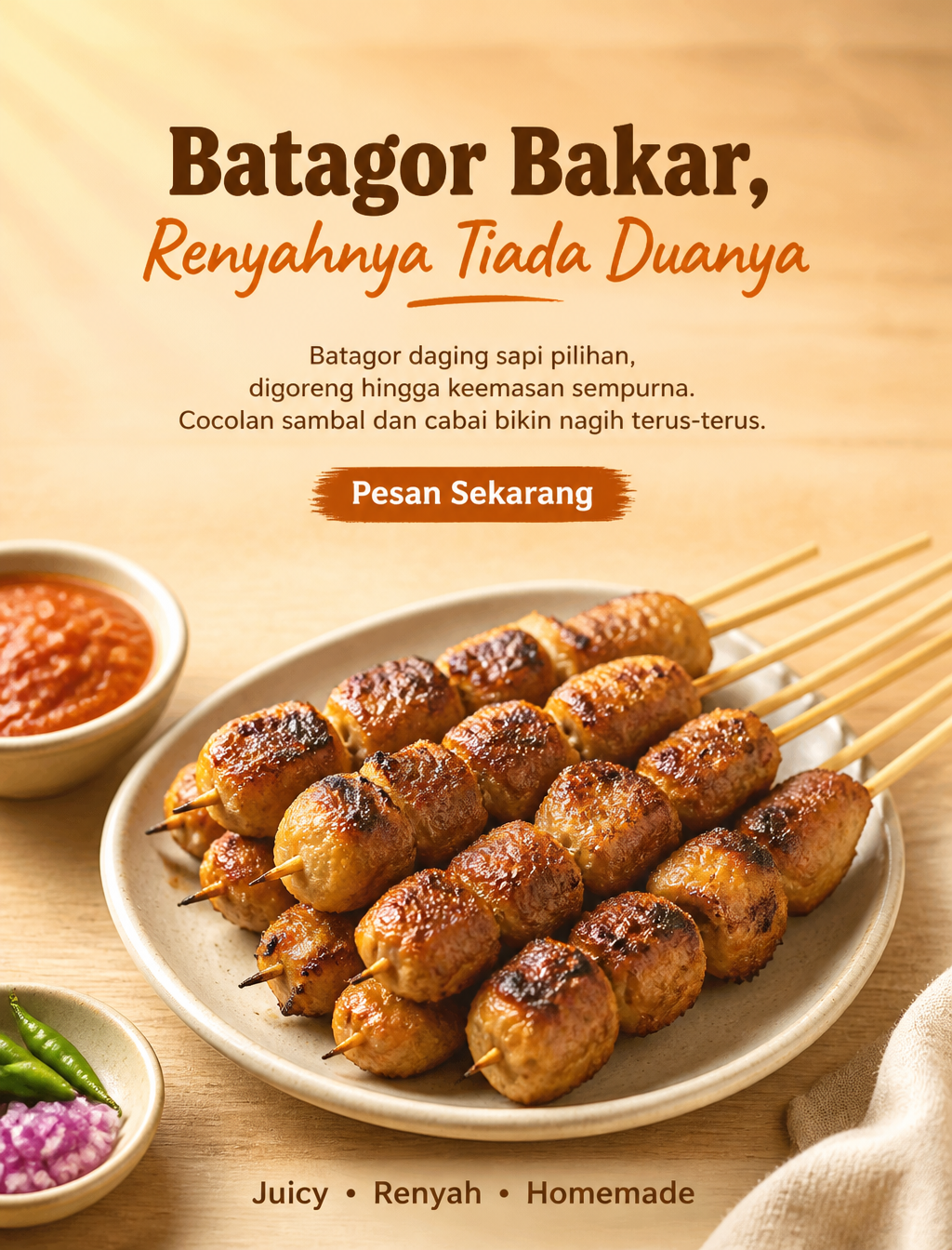 【主体】Batagor Bakar，保持原样：肉丸紧实质地、炭烤焦香色泽、原竹签排列、原份量、家常感，不改形、不造...