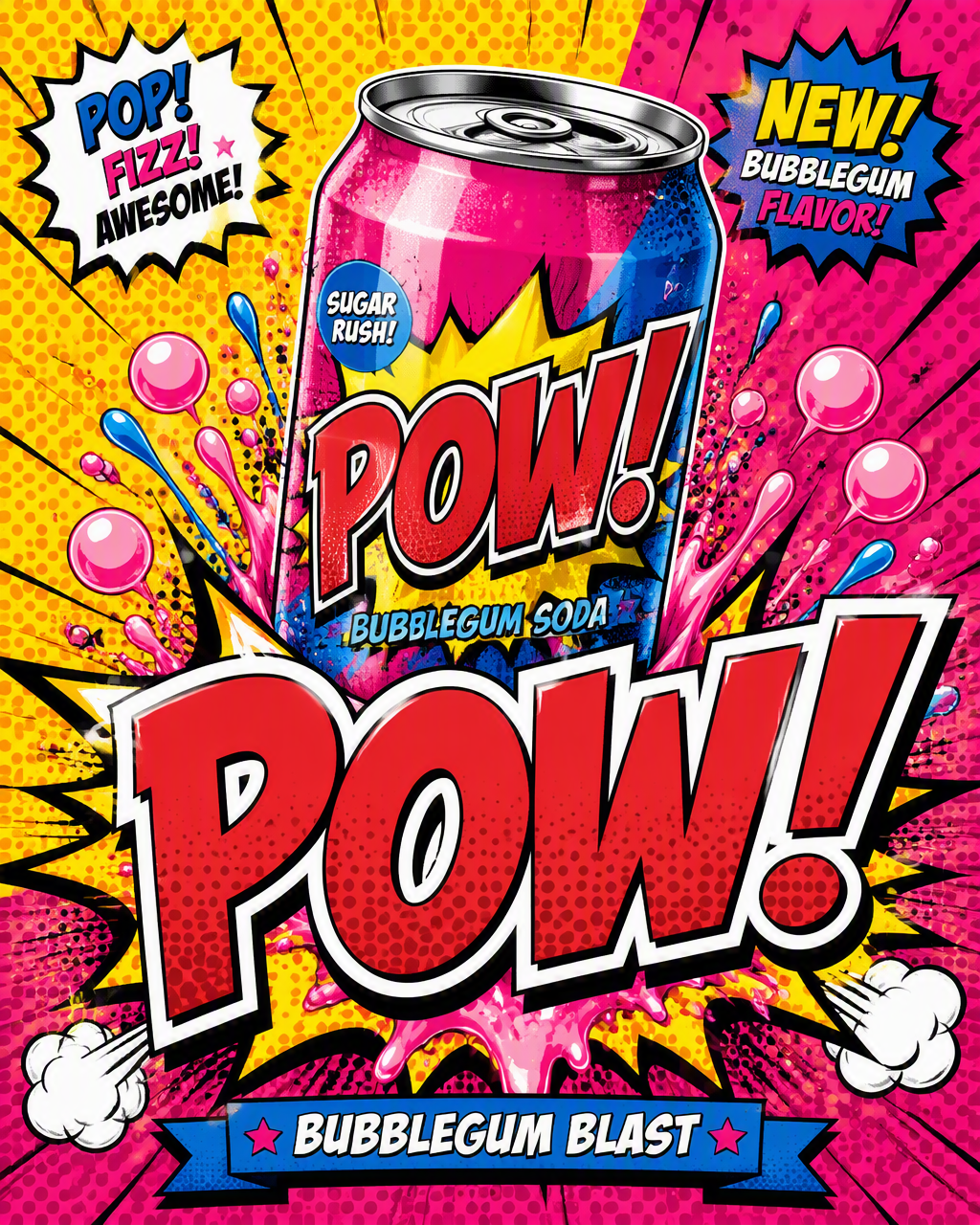 Create a bold pop-art advertising poster for a fictional ...