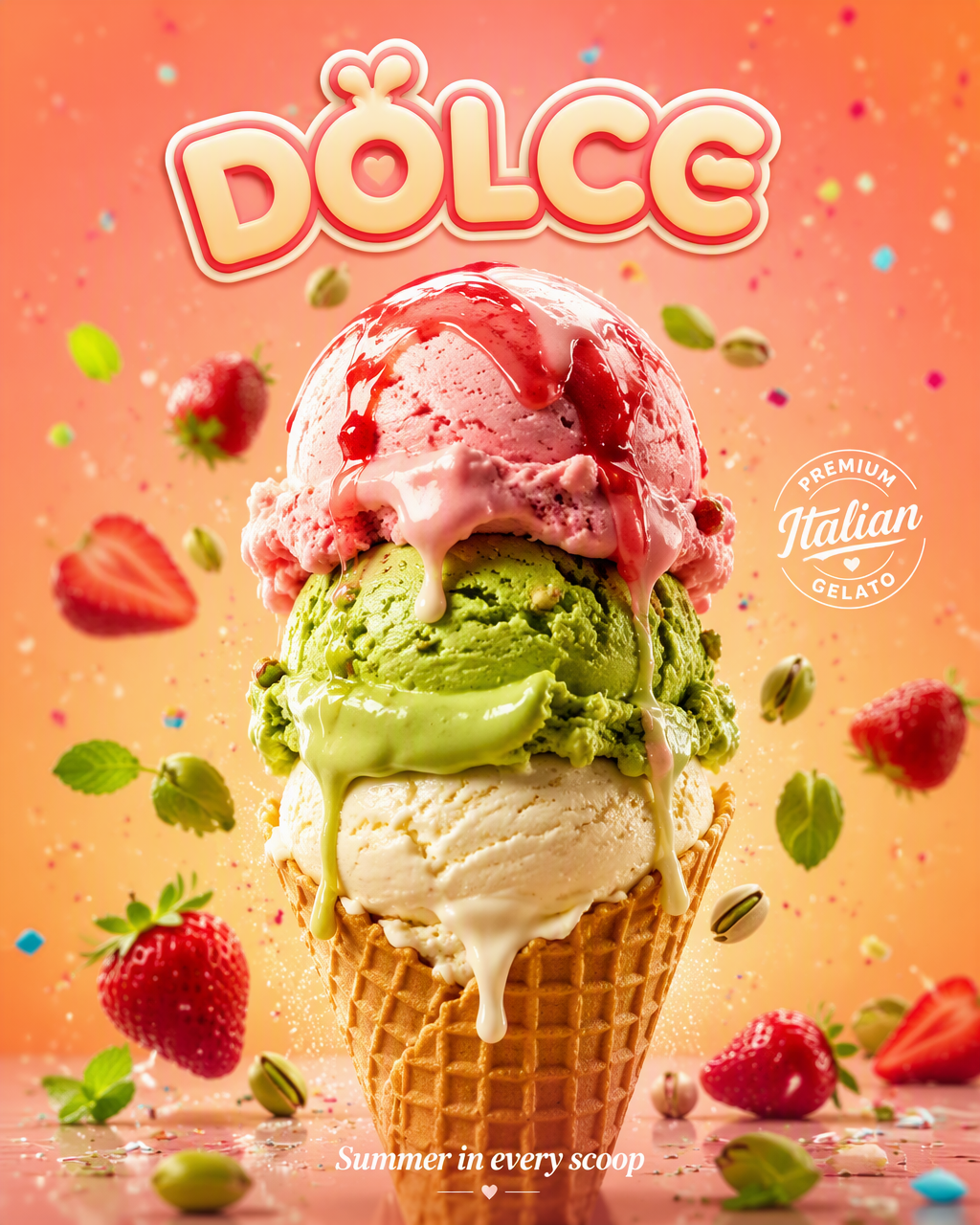 Create a vibrant premium ice-cream advertising poster for...
