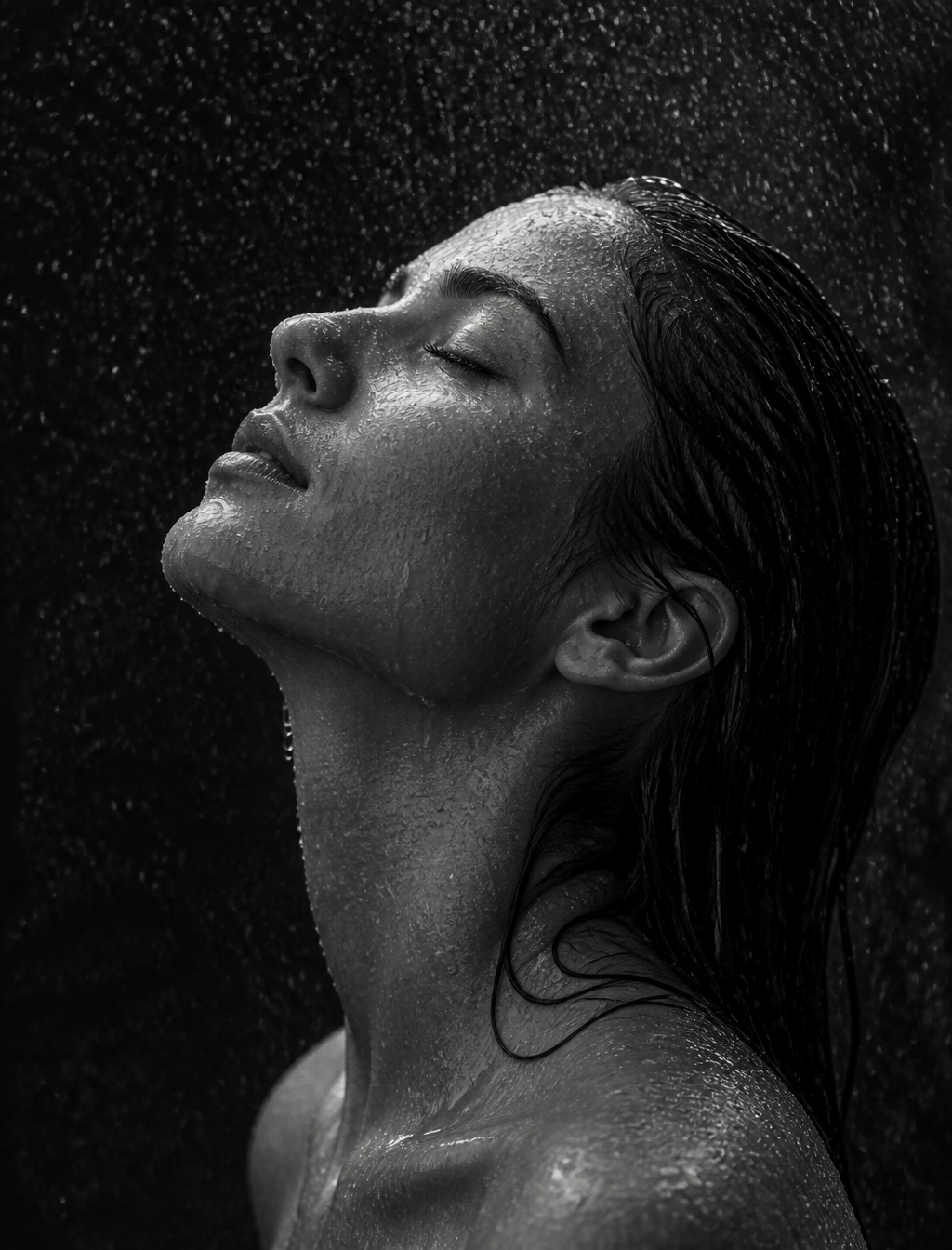 An image of a woman in monochrome with her head tilted ba...