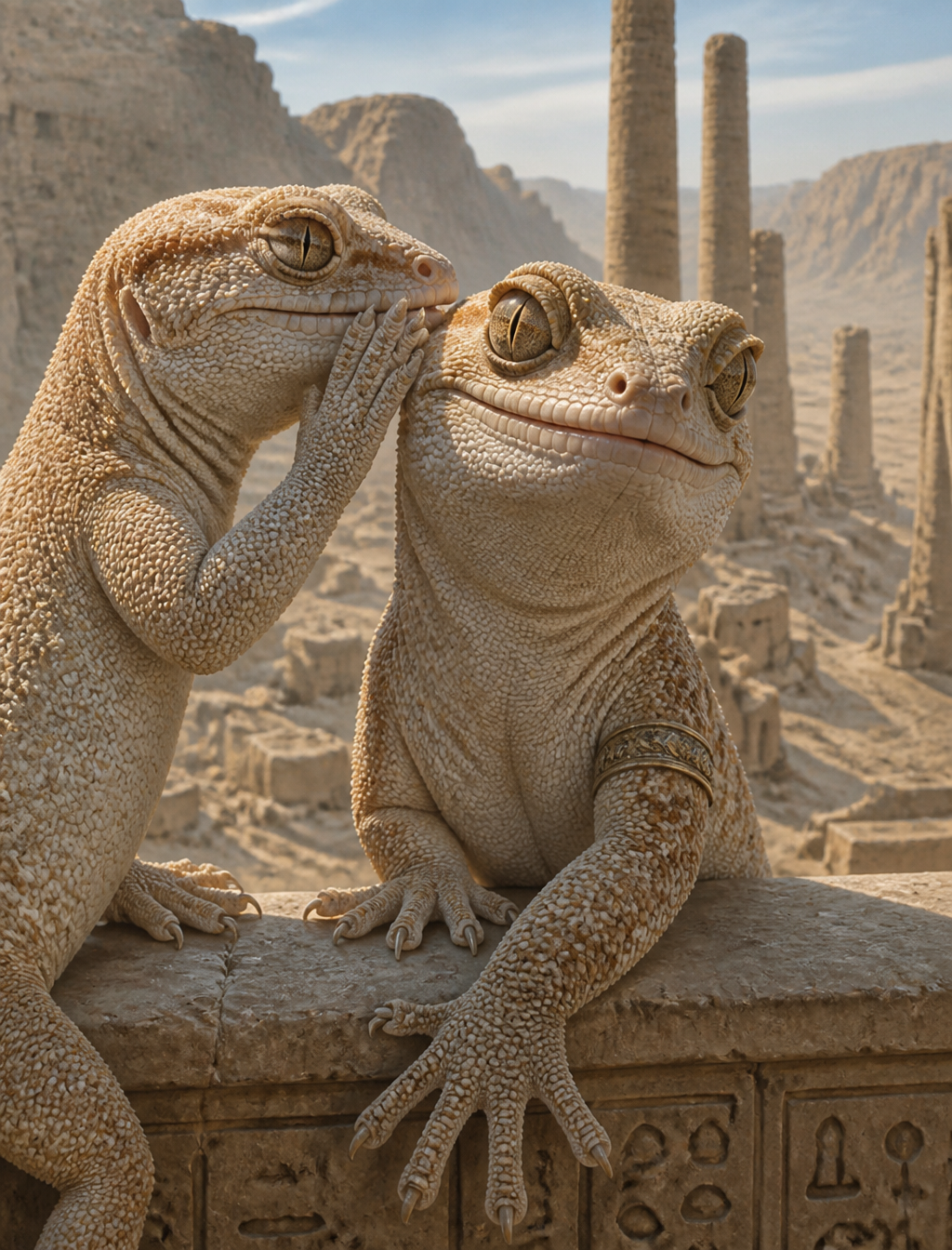 Hyperrealistic painting of two geckos. one is whispering ...