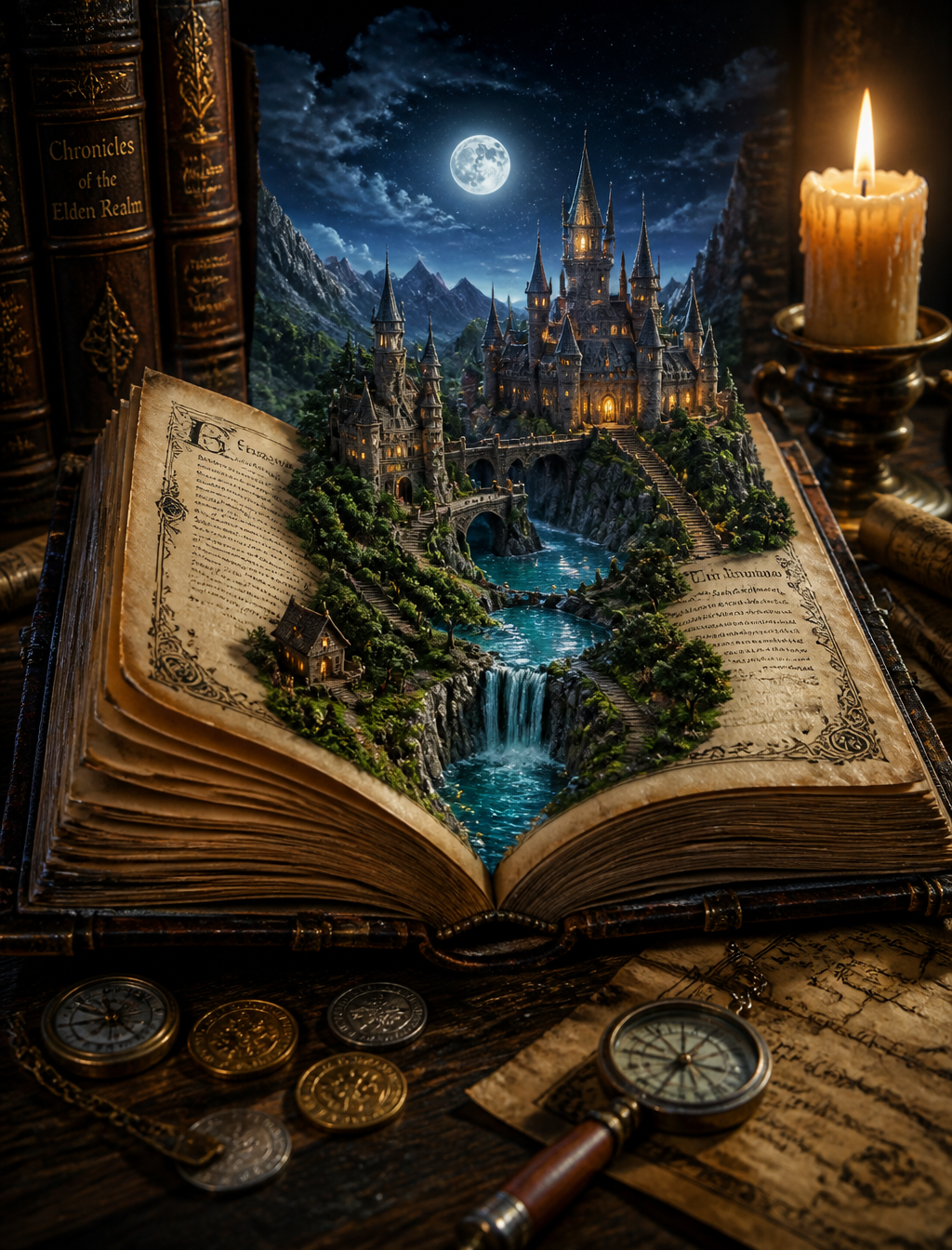 A cinematic 3D render of a scene where an old, ornate boo...