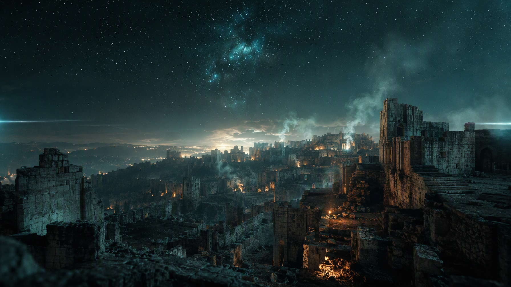 Documentary wide-angle landscape shot of a sprawling anci...