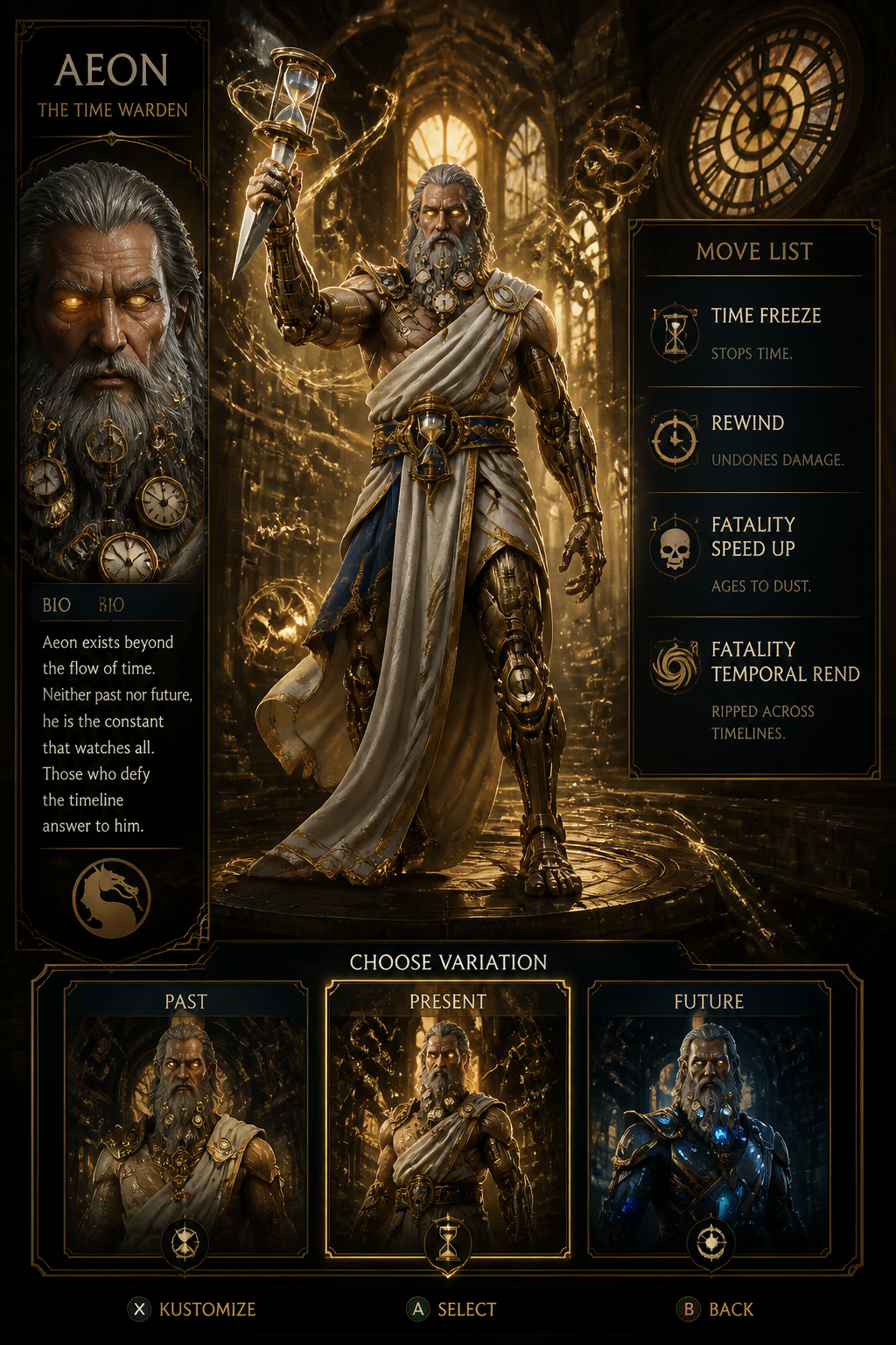 Aeon, "The Time Warden". Mysterious timekeeper in a flowi...