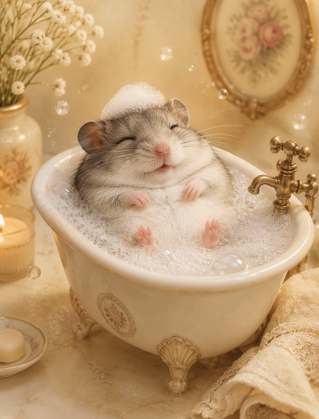 A serene and whimsical illustration of a small, grey and ...