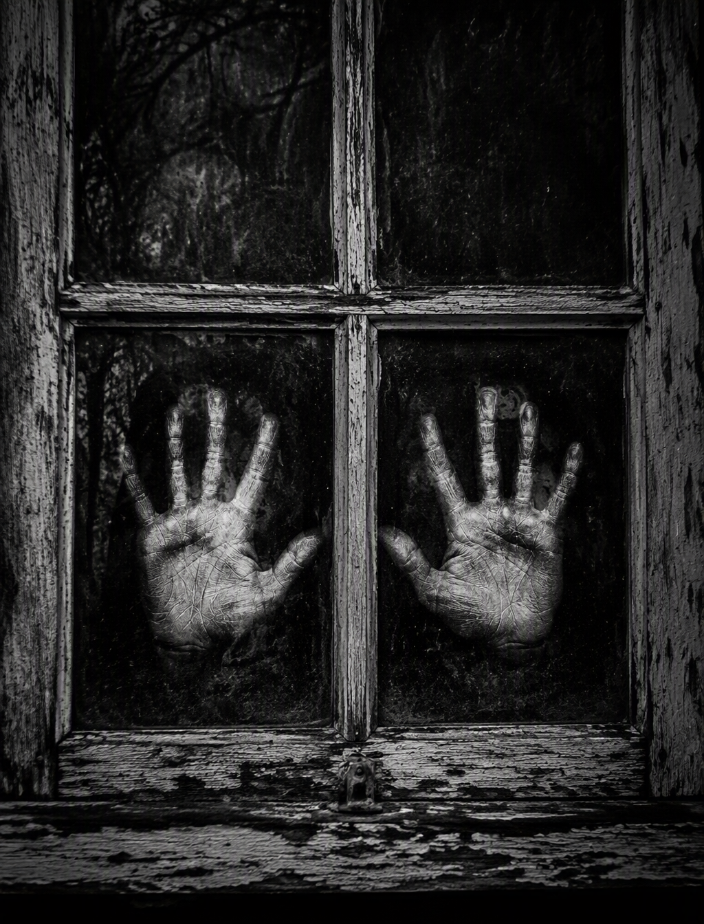 Output: In a vintage eerie black-and-white image, two han...