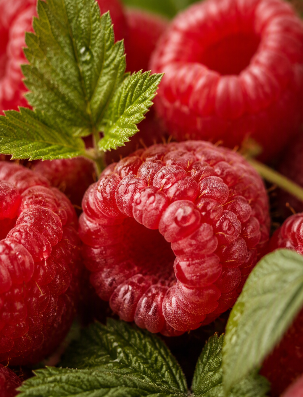 Macro close-up photo of ripe fresh raspberries with leave...