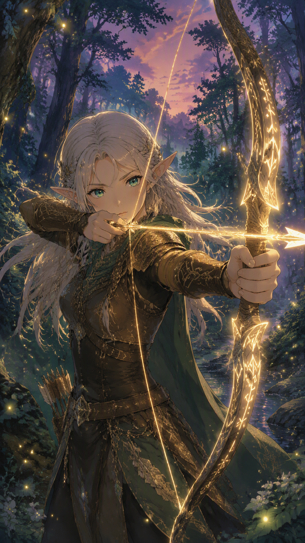 Prompt: A young elven archer with silver hair and emerald...