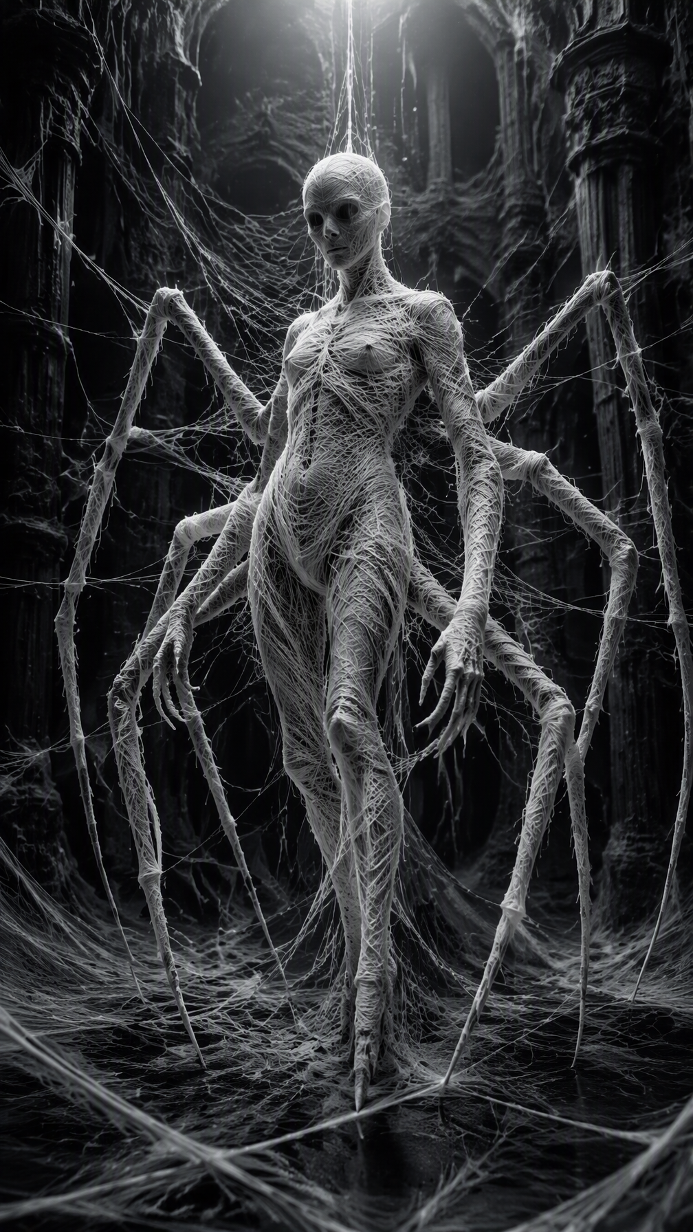 A humanoid figure entirely woven from thick white silk th...