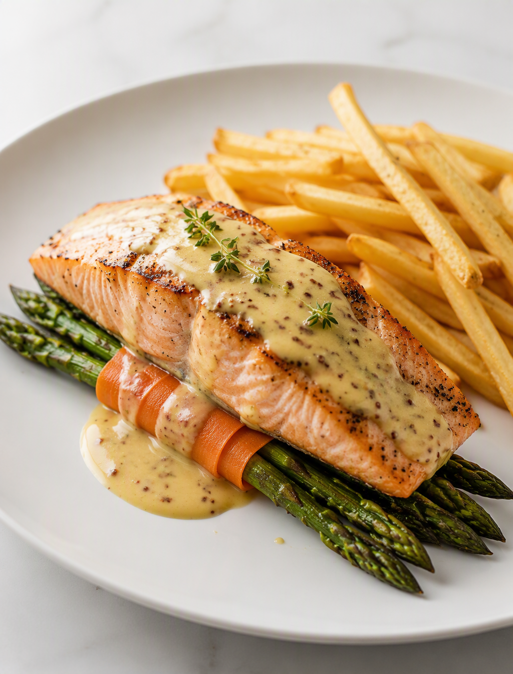 A photo of a beautifully plated dish featuring a piece of...