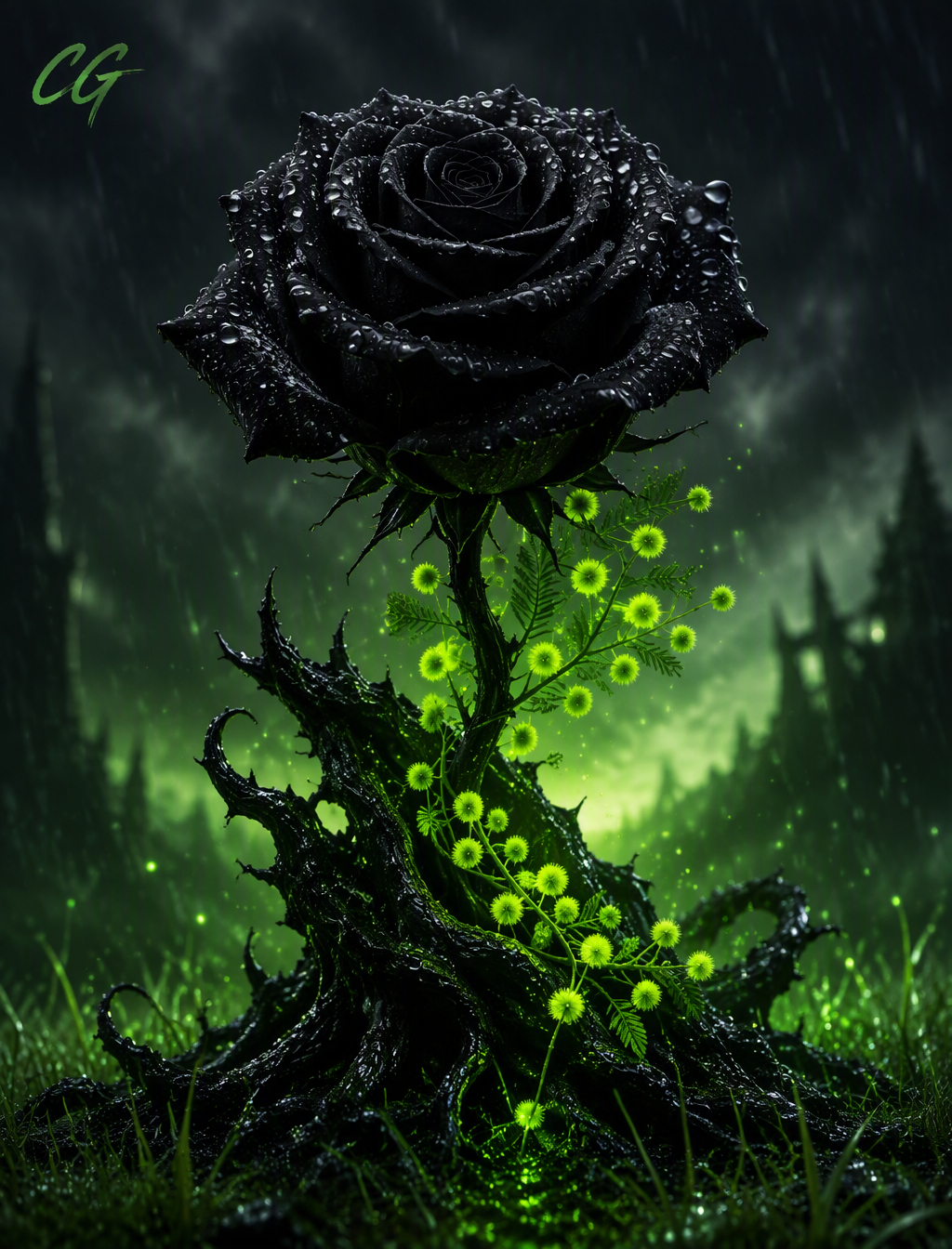 A strikingly beautiful black rose with dewdrops stands ou...