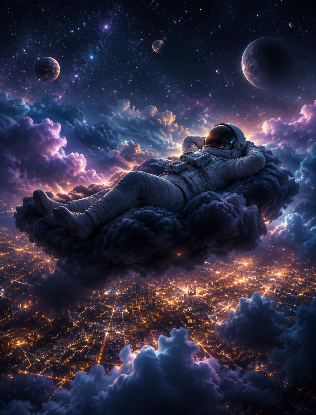 A dream-like 8K image of an astronaut floating peacefully...