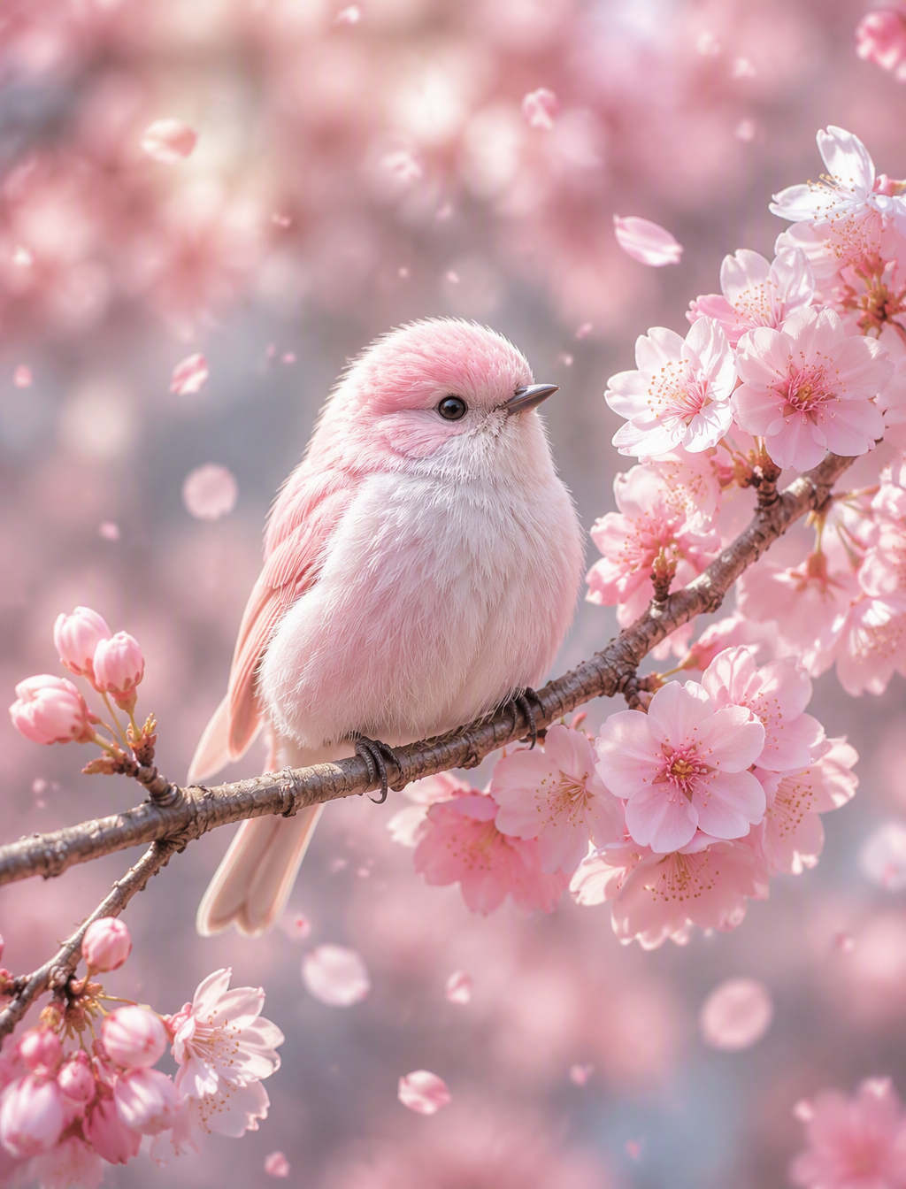 A medium shot of a small, fluffy bird sitting on a branch...