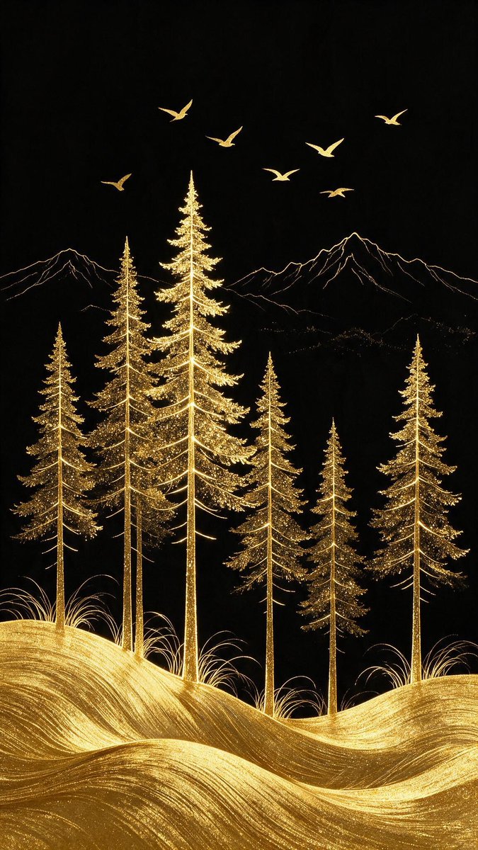 A stylized forest scene with tall pine trees rendered in ...
