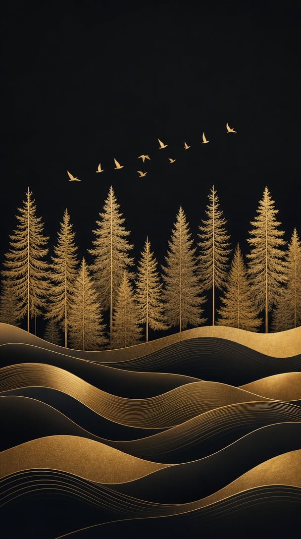 A stylized forest scene with tall pine trees rendered in ... - alternate