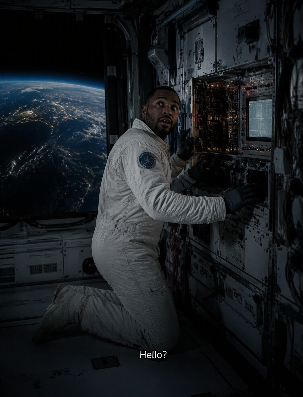 Static. Wide shot inside a dimly lit space station orbiti...