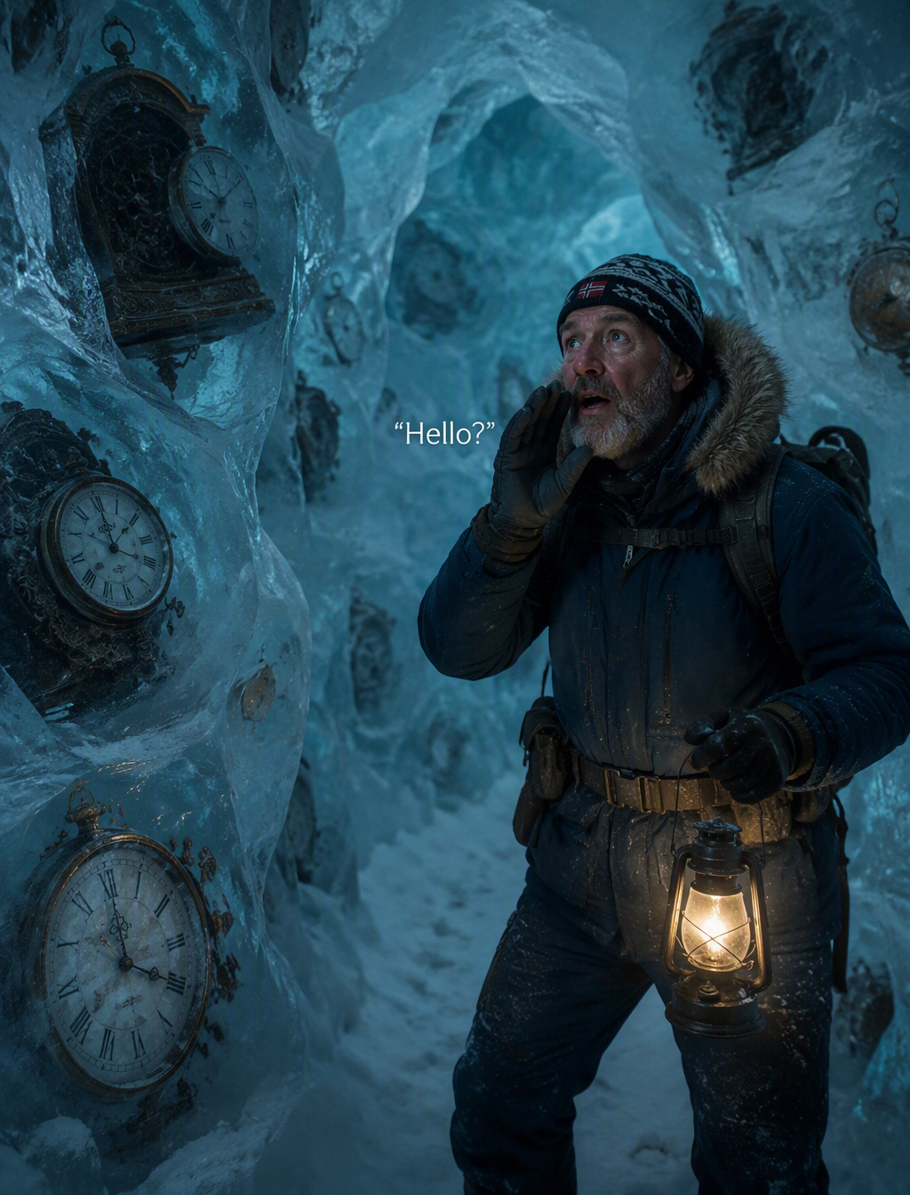 Static. Within the frozen interior of an iceberg drifting...