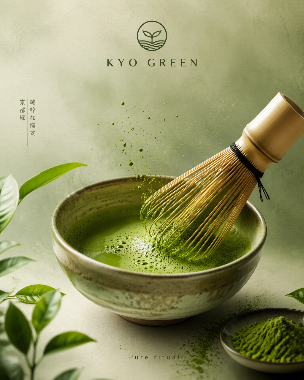 Create a serene premium matcha advertising poster for a f...