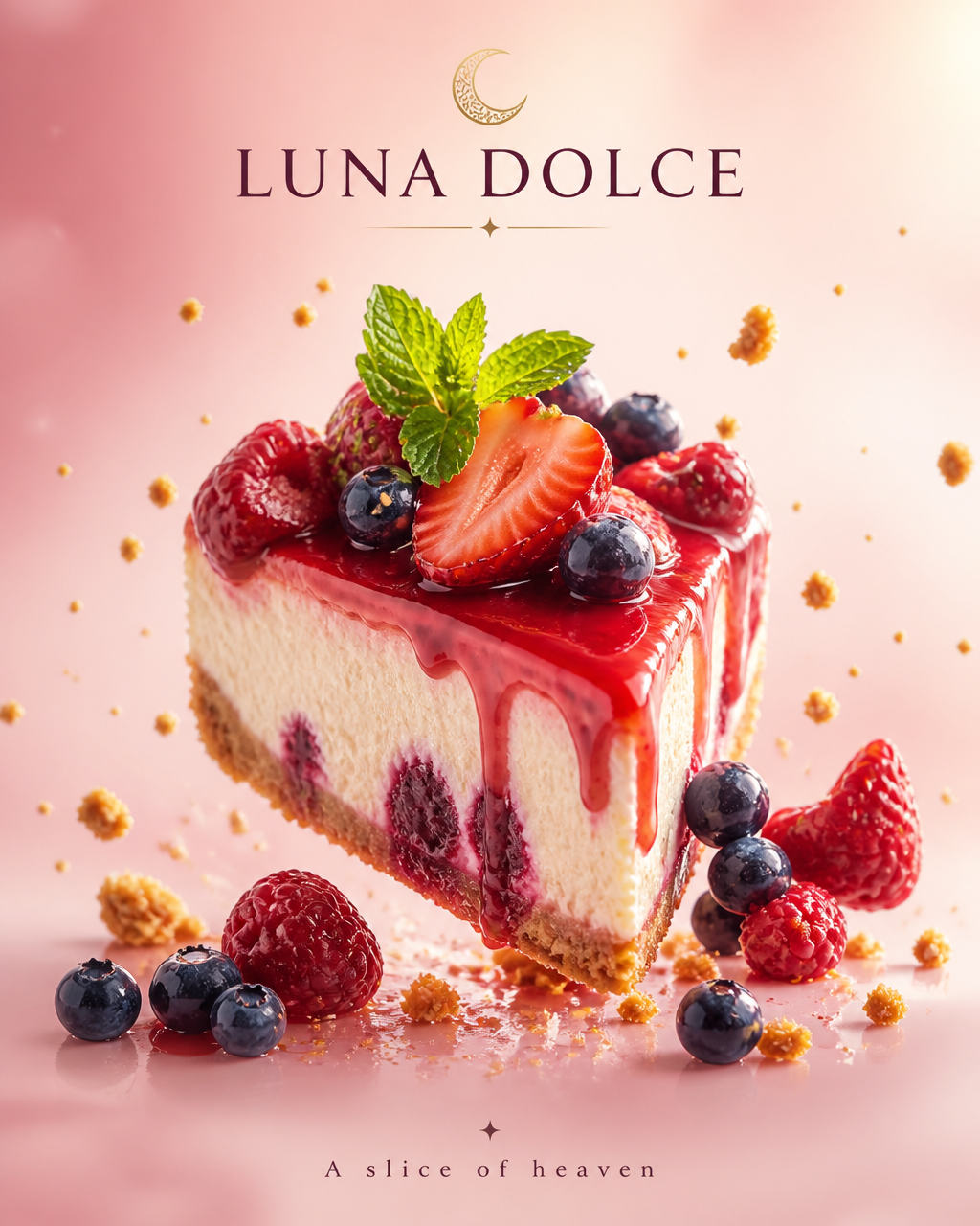 Create an ultra-premium cheesecake advertising poster for...