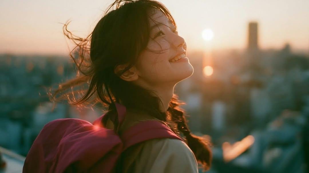 Create a cinematic, nostalgic golden-hour portrait of a y...