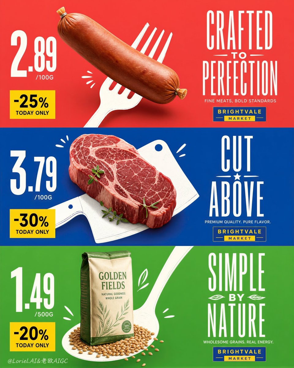 Create an ultra-premium vertical triptych supermarket cam...