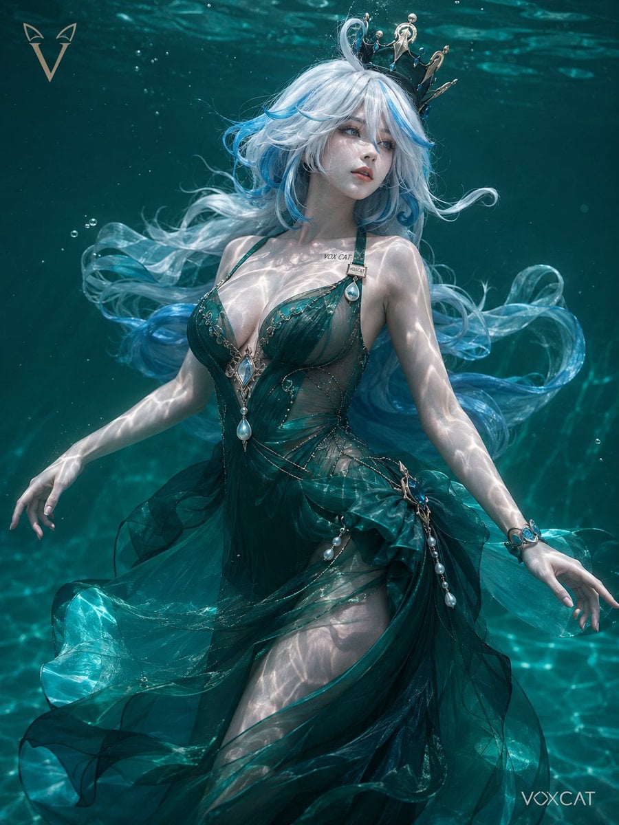 高级概念水下人像摄影,一位身姿曼妙、曲线玲珑的成年女性在清澈透亮的翡翠色水域中失重舒展漫游。她身体呈优雅的 S 形...