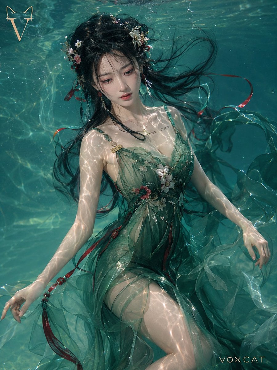 高级概念水下人像摄影,一位身姿曼妙、曲线玲珑的成年女性在清澈透亮的翡翠色水域中失重舒展漫游。她身体呈优雅的 S 形... - alternate