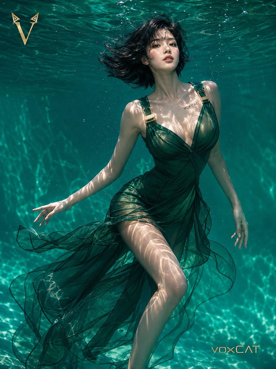 高级概念水下人像摄影,一位身姿曼妙、曲线玲珑的成年女性在清澈透亮的翡翠色水域中失重舒展漫游。她身体呈优雅的 S 形... - alternate