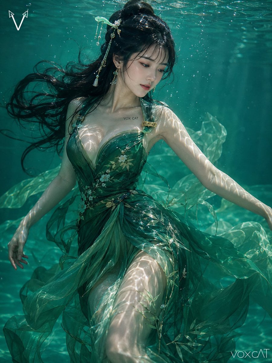 高级概念水下人像摄影,一位身姿曼妙、曲线玲珑的成年女性在清澈透亮的翡翠色水域中失重舒展漫游。她身体呈优雅的 S 形... - alternate