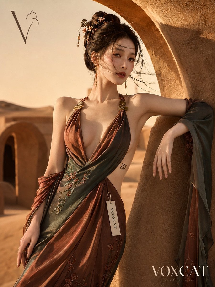 高级时装杂志封面级别摄影,一位极具魅力的成年女性,身姿修长婀娜,拥有凹凸有致的优美身段曲线。她单侧髋部轻倚在沙漠中... - alternate