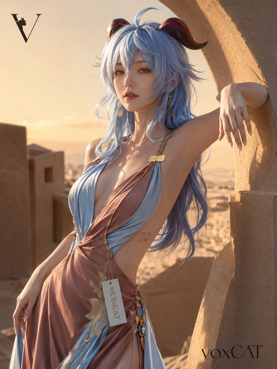 高级时装杂志封面级别摄影,一位极具魅力的成年女性,身姿修长婀娜,拥有凹凸有致的优美身段曲线。她单侧髋部轻倚在沙漠中... - alternate