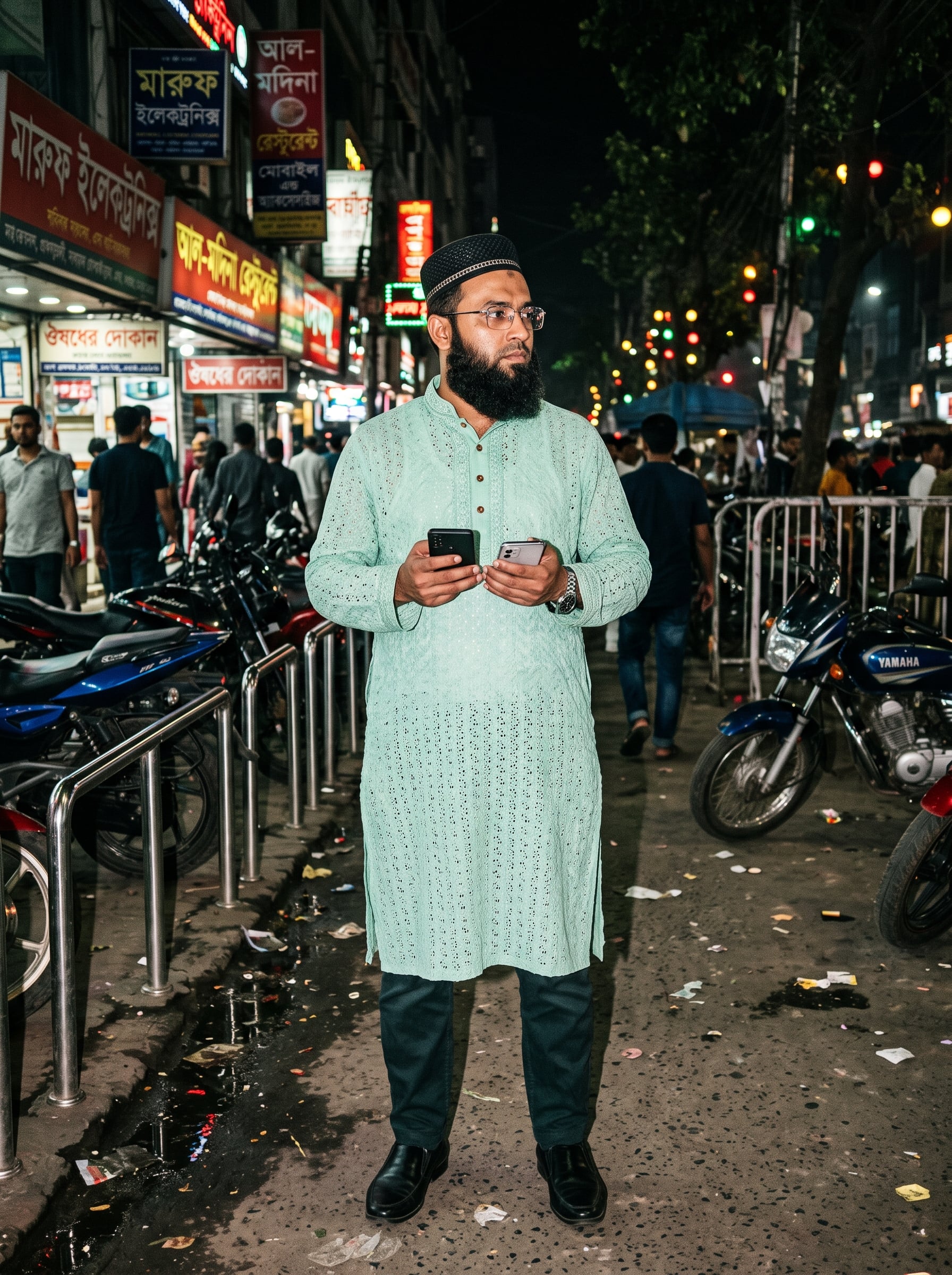 A bearded South Asian man in a black prayer cap and trans...