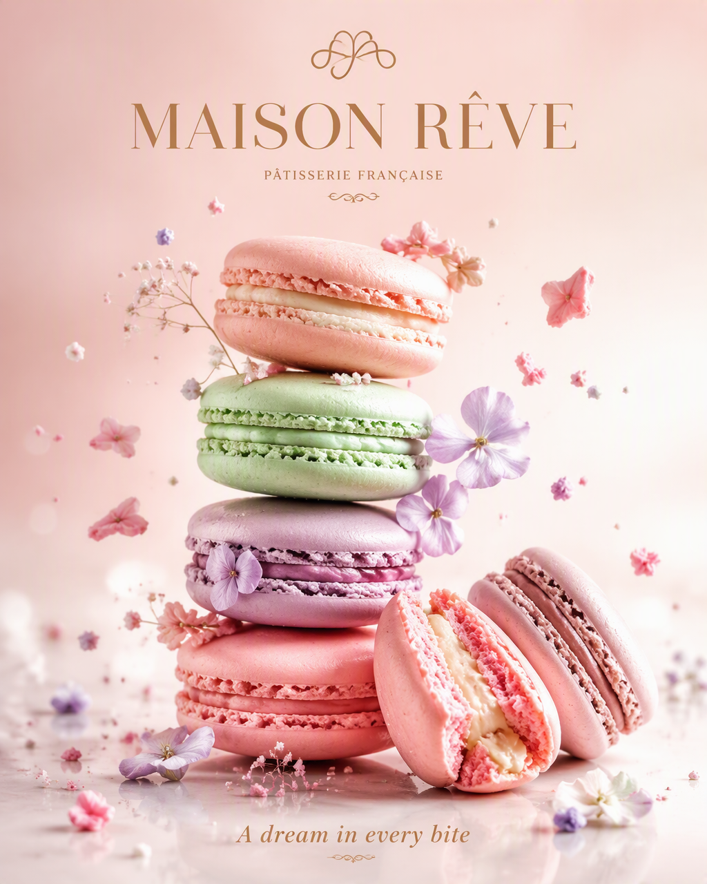 Create an ultra-premium macaron advertising poster for a ...