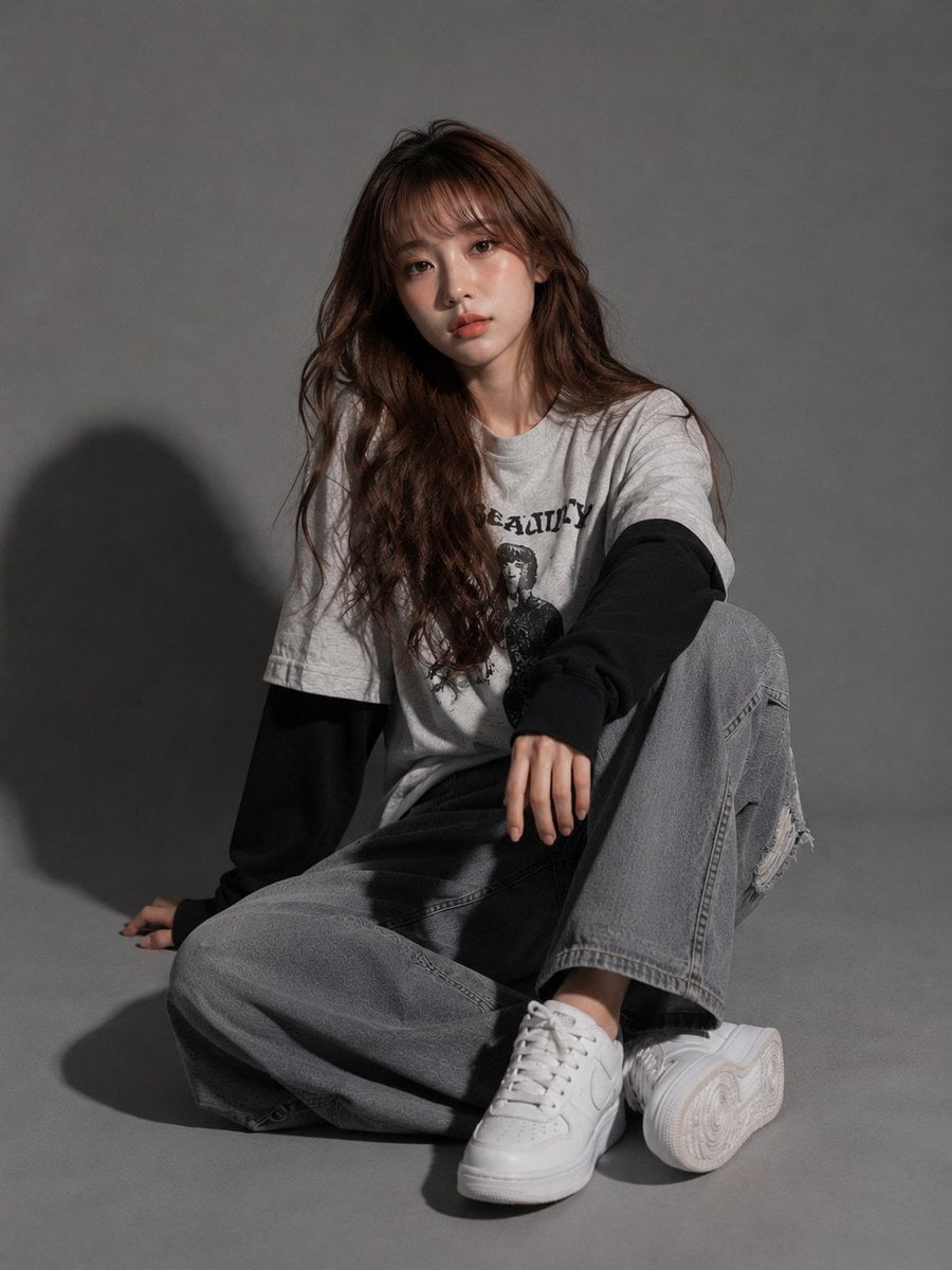 A stylish studio portrait of a young woman sitting sidewa... - alternate