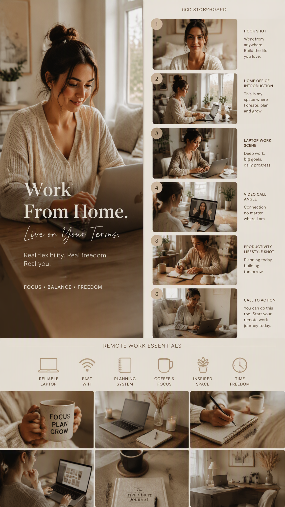 (Luxury AI UGC remote work campaign board), warm beige ae...