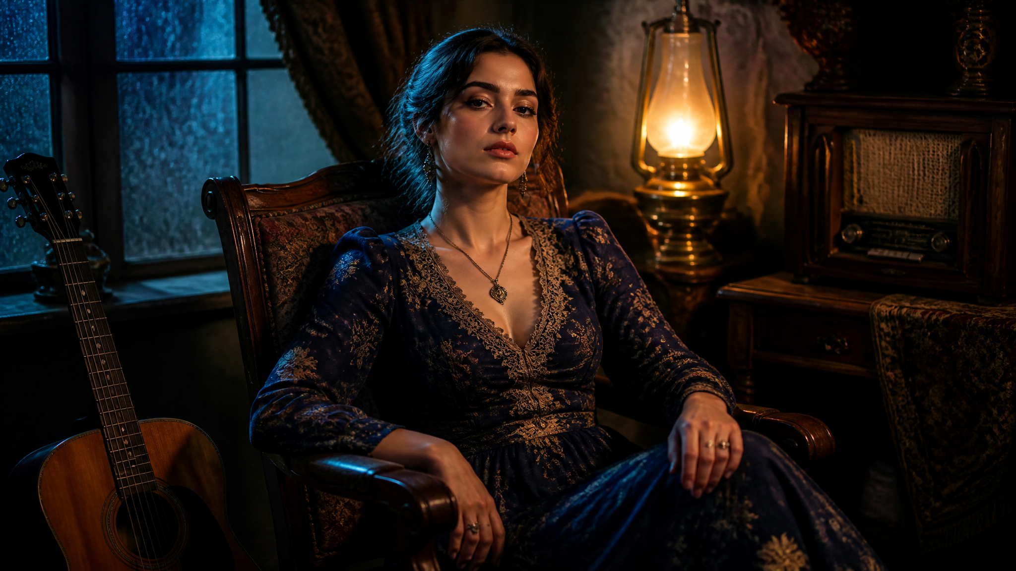 A poised young woman sits in a carved wooden armchair, on...